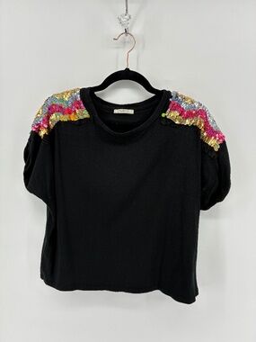 Zara Black and Pink Boxy Crop Top with Sequin Shoulders